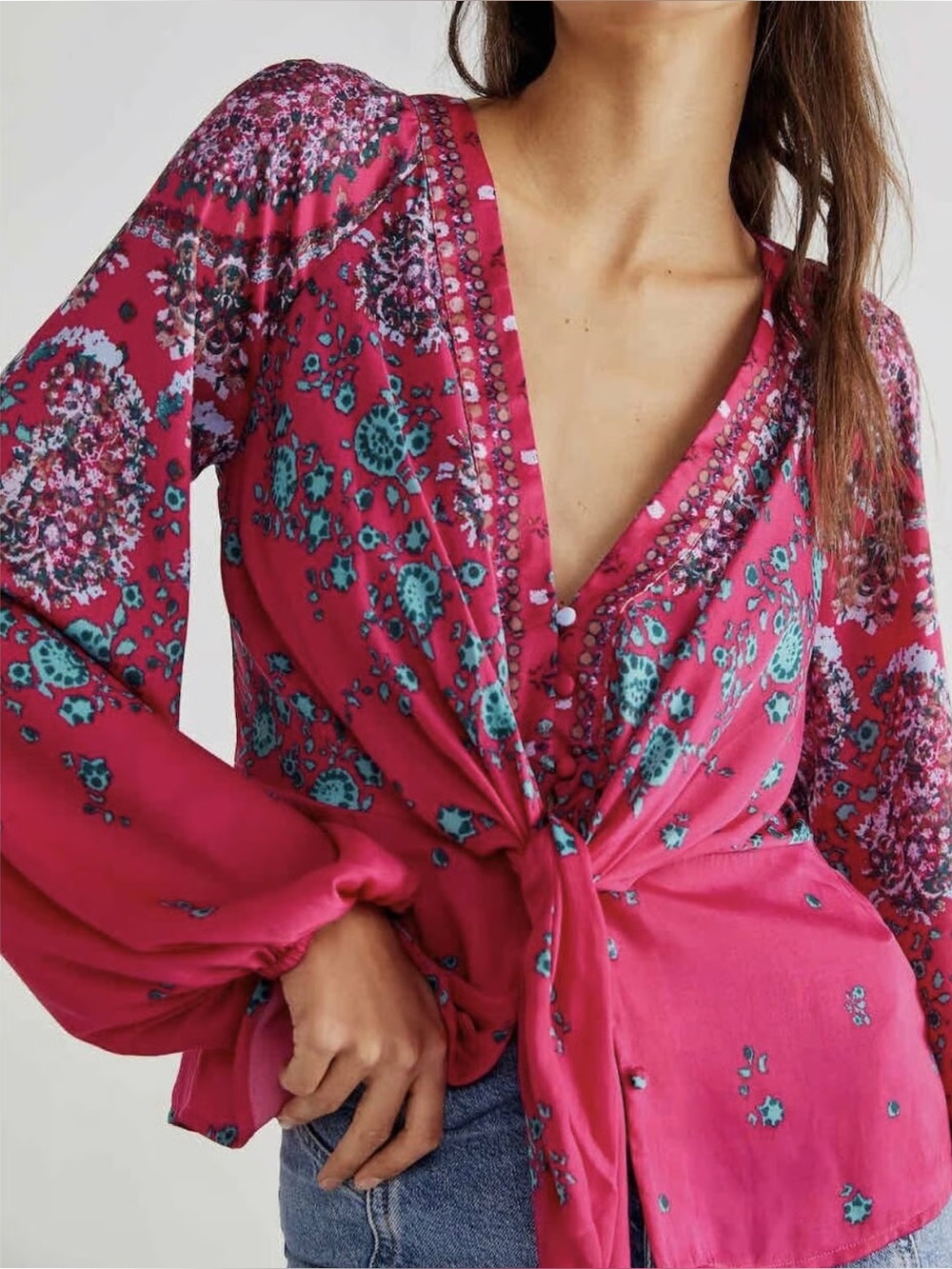 Free People Run Free Blouse Pink, Size Large (L) - Boho Silky Tie Front Buttons